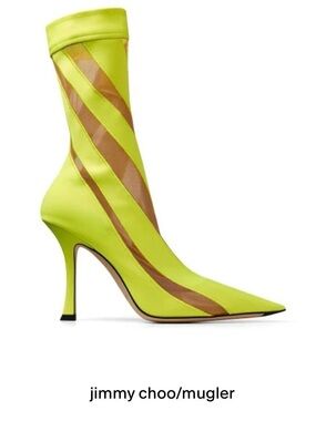 Jimmy Choo x Mugler Neon Yellow Pointed Toe Sheer Stripe Sock Boot